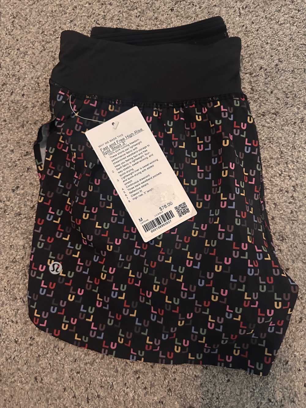 Lululemon Fast and Free High-Rise Split Short 3” NWT Black Multi Logo Print Sz M